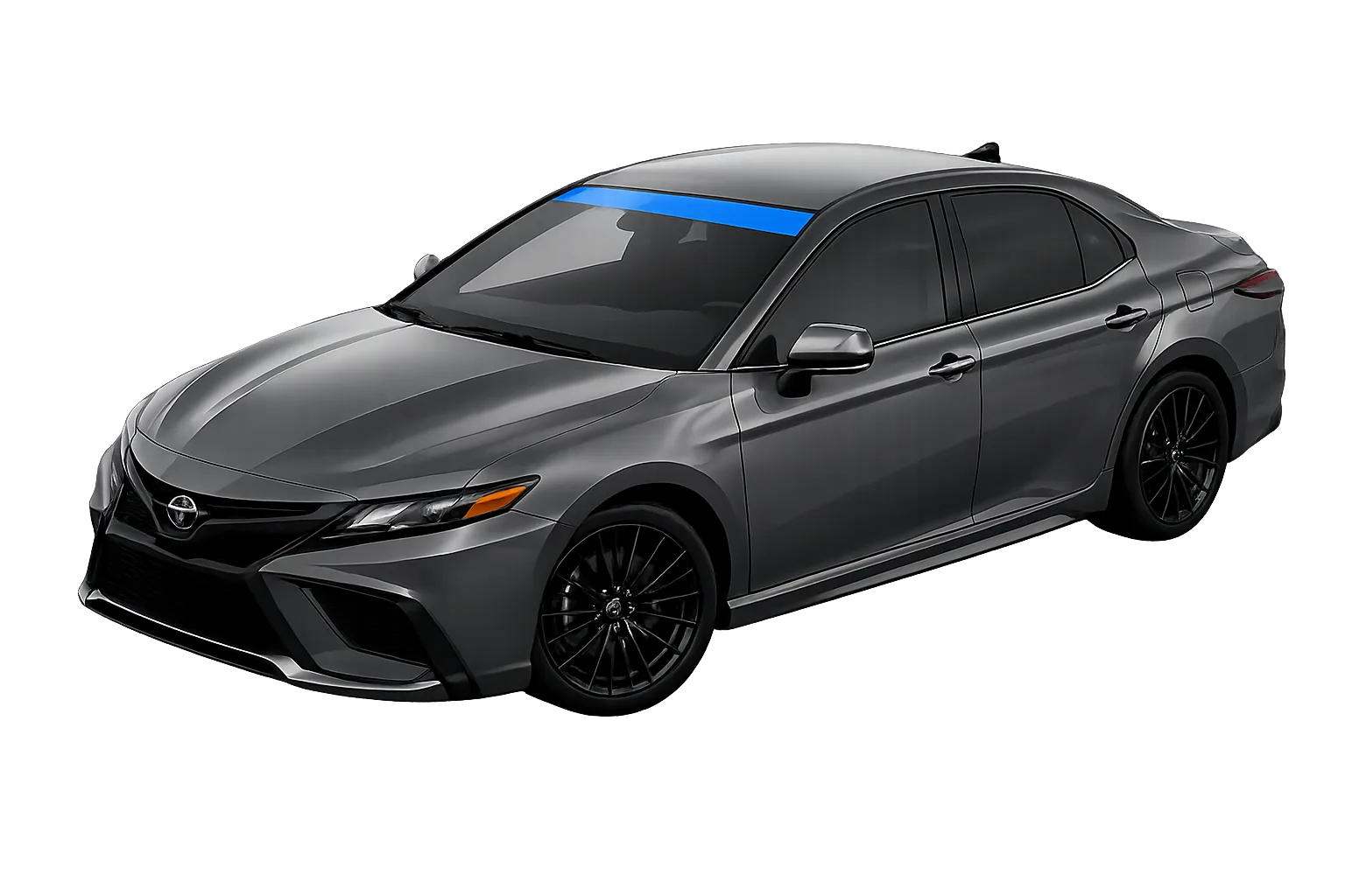 Toyota Camry with a blue windshield sun strip across the top of the glass